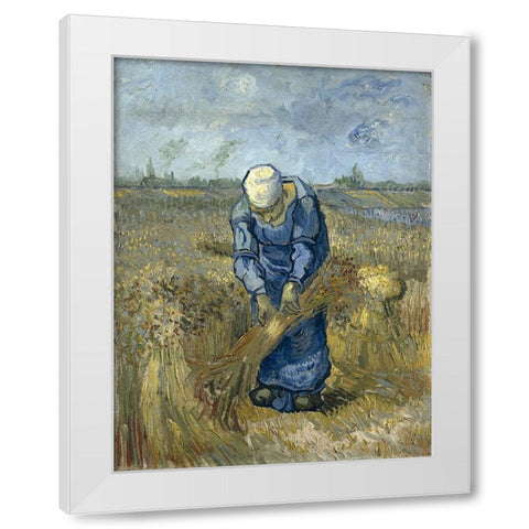 Peasant woman binding sheaves White Modern Wood Framed Art Print by van Gogh, Vincent
