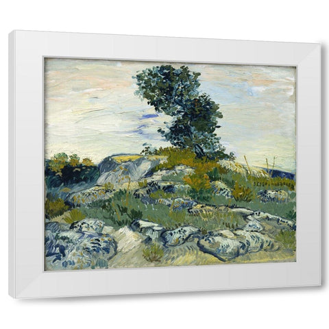 Rocks with Oak Tree White Modern Wood Framed Art Print by van Gogh, Vincent