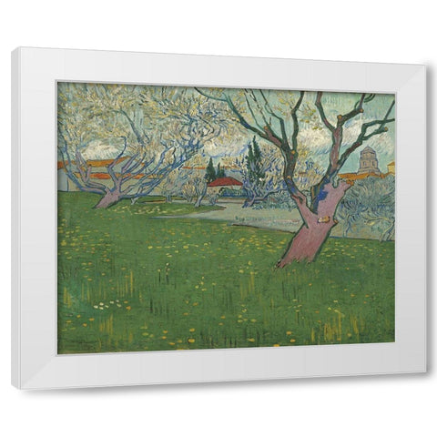 Orchards in blossom, view of Arles White Modern Wood Framed Art Print by van Gogh, Vincent