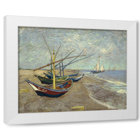 Fishing boats on the beach at Les Saintes-Maries-de-la-Mer White Modern Wood Framed Art Print by van Gogh, Vincent