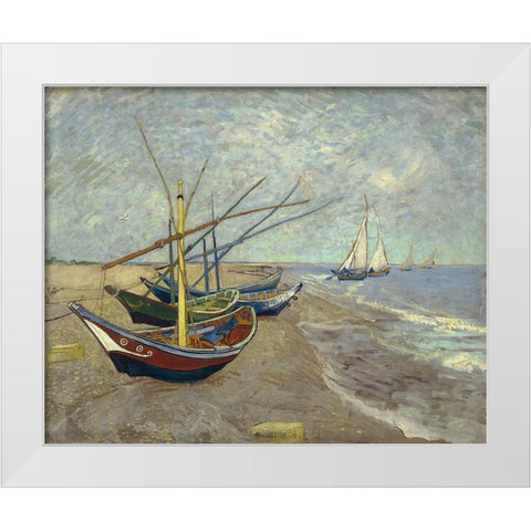 Fishing boats on the beach at Les Saintes-Maries-de-la-Mer White Modern Wood Framed Art Print by van Gogh, Vincent