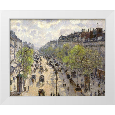 Boulevard Montmartre, Spring White Modern Wood Framed Art Print by Pissarro, Camille