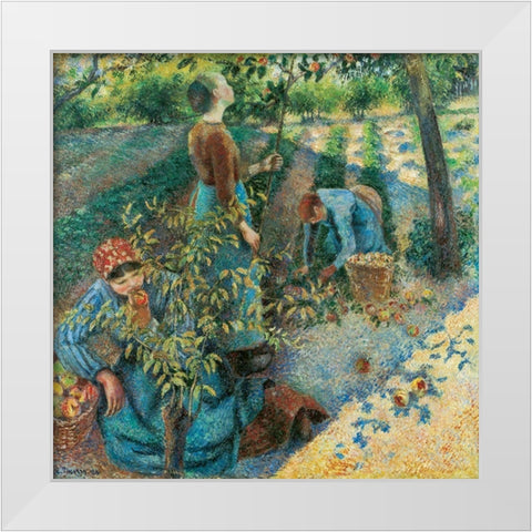 Apple Picking White Modern Wood Framed Art Print by Pissarro, Camille