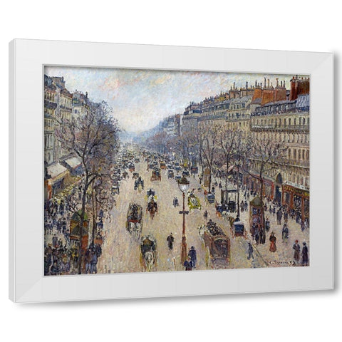 Boulevard Montmartre, Morning, Cloudy Weather White Modern Wood Framed Art Print by Pissarro, Camille