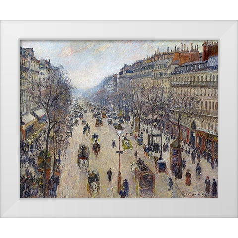 Boulevard Montmartre, Morning, Cloudy Weather White Modern Wood Framed Art Print by Pissarro, Camille