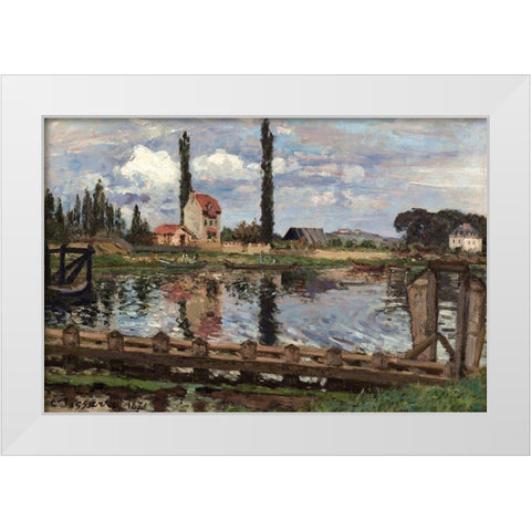 Banks of the Seine at Port Marly White Modern Wood Framed Art Print by Pissarro, Camille