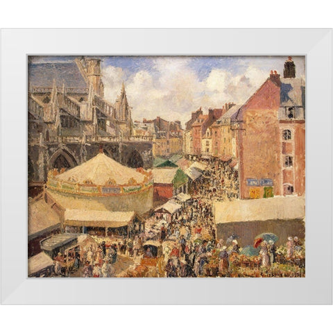 The Fair around the Saint-Jacques church, Dieppe White Modern Wood Framed Art Print by Pissarro, Camille