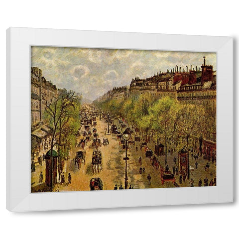 Boulevard Montmartre Springtime White Modern Wood Framed Art Print by Pissarro, Camille