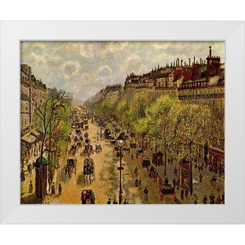 Boulevard Montmartre Springtime White Modern Wood Framed Art Print by Pissarro, Camille