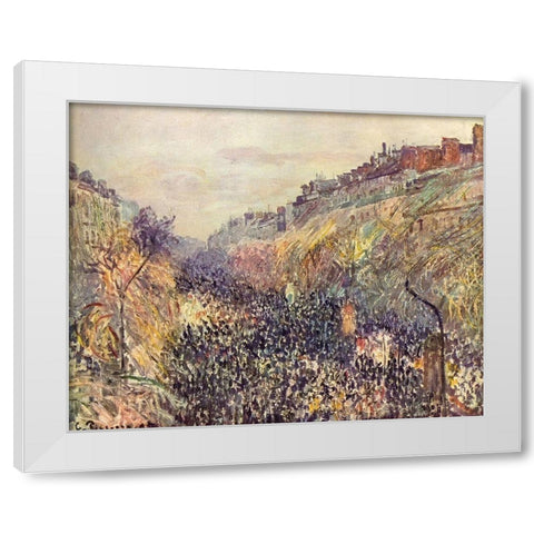 Boulevard Montmartre, Mardi Gras, at sunset White Modern Wood Framed Art Print by Pissarro, Camille
