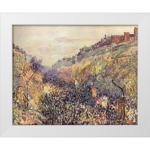 Boulevard Montmartre, Mardi Gras, at sunset White Modern Wood Framed Art Print by Pissarro, Camille