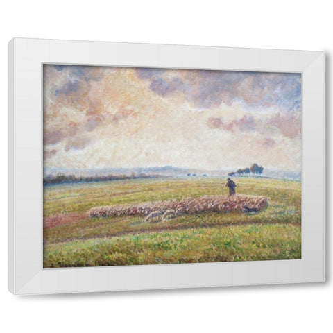 Landscape with Flock of Sheep White Modern Wood Framed Art Print by Pissarro, Camille