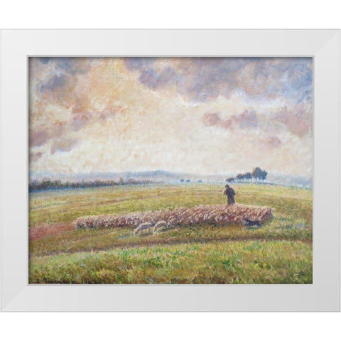 Landscape with Flock of Sheep White Modern Wood Framed Art Print by Pissarro, Camille