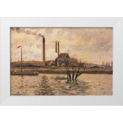 Factory at Sr Ouen-lAumone, the Flood of the Oise White Modern Wood Framed Art Print by Pissarro, Camille