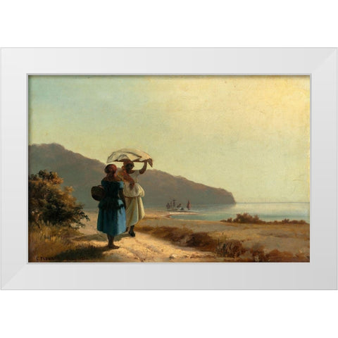 Two Women Chatting by the Sea, St. Thomas White Modern Wood Framed Art Print by Pissarro, Camille
