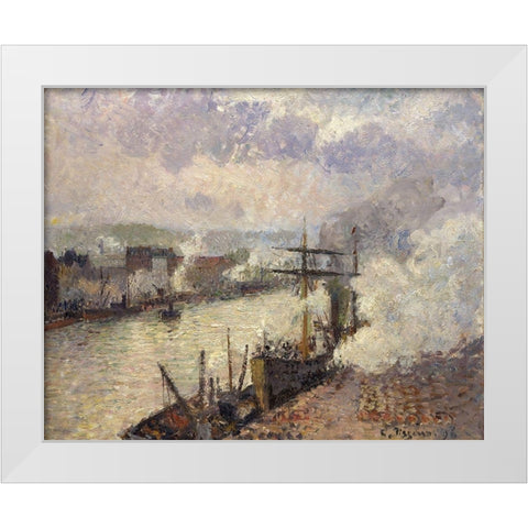 Steamboats in the Port of Rouen White Modern Wood Framed Art Print by Pissarro, Camille