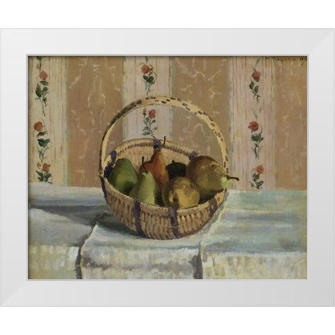 Still Life. Apples and Pears in a Round Basket White Modern Wood Framed Art Print by Pissarro, Camille