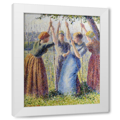 Peasant women planting White Modern Wood Framed Art Print by Pissarro, Camille