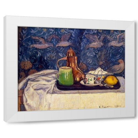Still Life with a Coffeepot White Modern Wood Framed Art Print by Pissarro, Camille