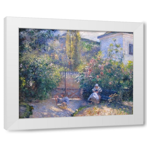 Hermitage Garden, Maison Rouge White Modern Wood Framed Art Print by Pissarro, Camille