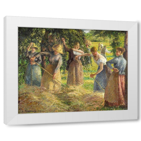 Hay Harvest at Eragny White Modern Wood Framed Art Print by Pissarro, Camille
