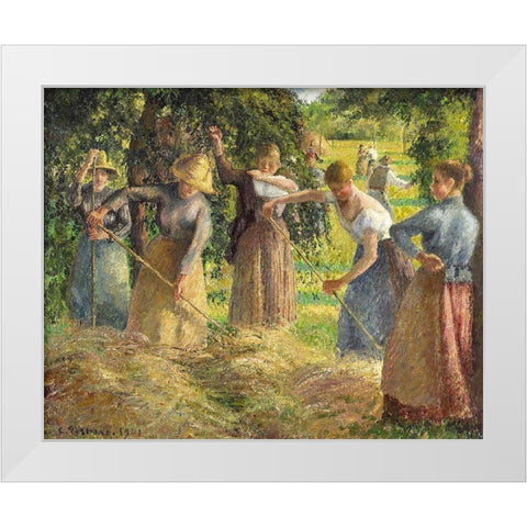 Hay Harvest at Eragny White Modern Wood Framed Art Print by Pissarro, Camille