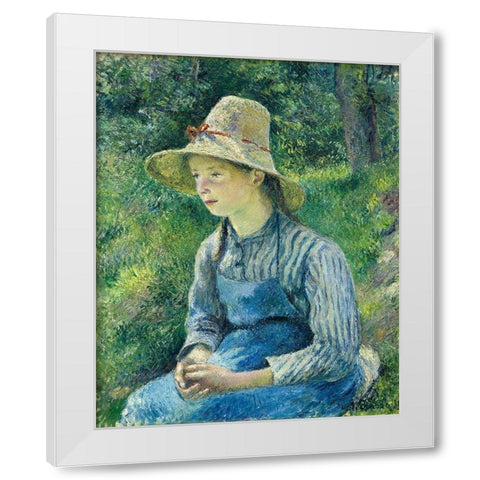 Peasant Girl with a Straw Hat White Modern Wood Framed Art Print by Pissarro, Camille