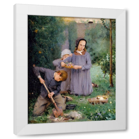 Children Burying a Bird White Modern Wood Framed Art Print by Weir, J Alden