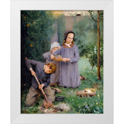 Children Burying a Bird White Modern Wood Framed Art Print by Weir, J Alden
