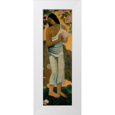 Tahitian Woman With Blossom  White Modern Wood Framed Art Print by Gauguin, Paul