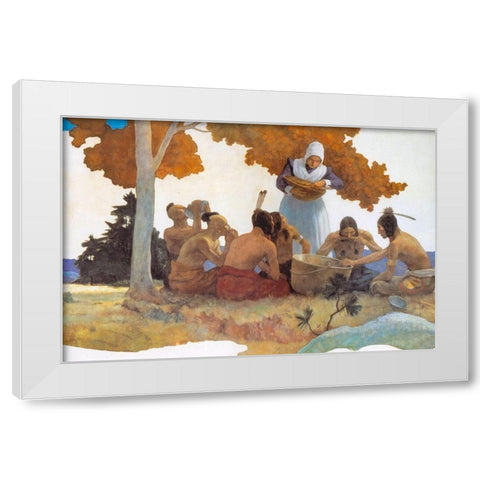 Thanksgiving with Indians Detail White Modern Wood Framed Art Print by Wyeth, NC