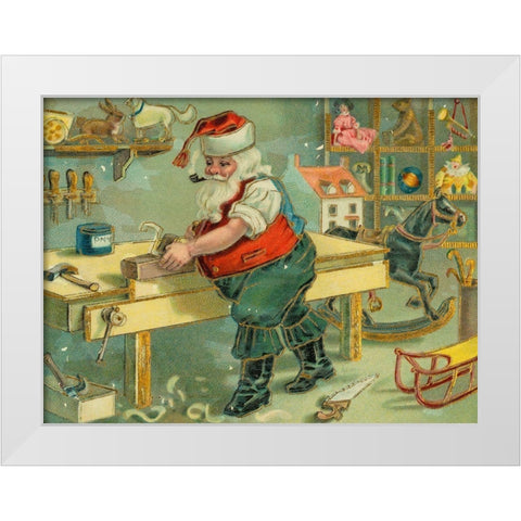 Santa Claus in workshop making toys White Modern Wood Framed Art Print by Missouri History Museum