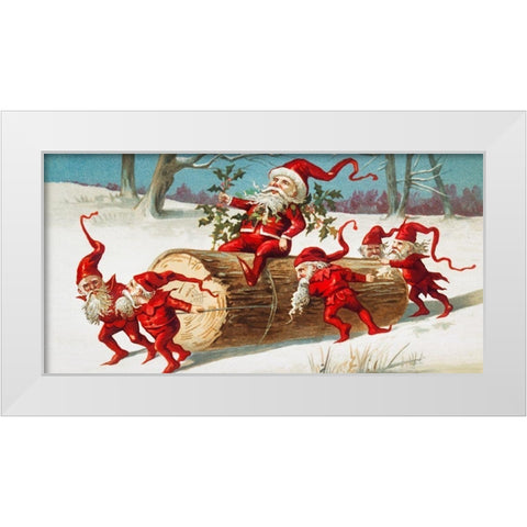 Santa elves sliding on a log White Modern Wood Framed Art Print by Wallach, Miriam and Ira D