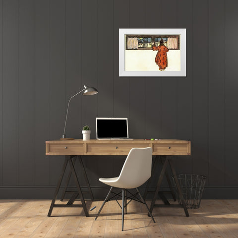Man Looking out the Window to See Christmas Reindeer Carriage White Modern Wood Framed Art Print by Smith, Jessie Wilcox