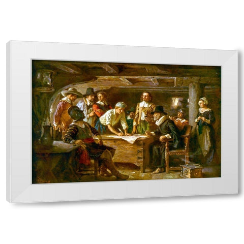 The Mayflower Compact-1620 White Modern Wood Framed Art Print by Ferris, Jean Leon Gerome