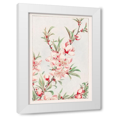 Peach tree branches with leaves and blossoms White Modern Wood Framed Art Print by Morikaga, Megata