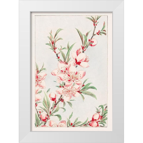Peach tree branches with leaves and blossoms White Modern Wood Framed Art Print by Morikaga, Megata