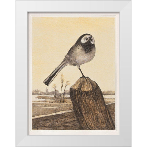 Wagtail on pole White Modern Wood Framed Art Print by Hoytema, Theo van