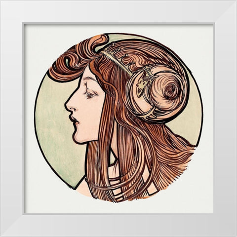 Stained glass window for the facade of the Fouquet boutique White Modern Wood Framed Art Print by Mucha, Alphonse