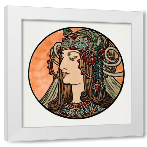 Stained glass window for the facade of the Fouquet boutique White Modern Wood Framed Art Print by Mucha, Alphonse