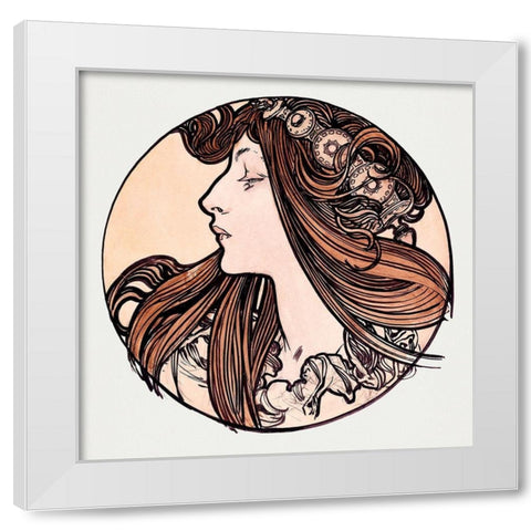Stained glass window for the facade of the Fouquet boutique White Modern Wood Framed Art Print by Mucha, Alphonse