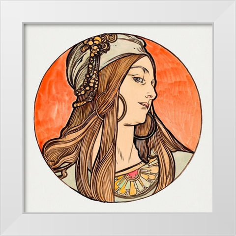 Stained glass window for the facade of the Fouquet boutique White Modern Wood Framed Art Print by Mucha, Alphonse
