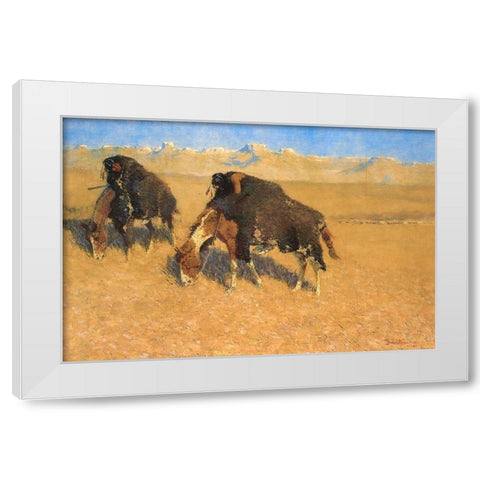 Indians Simulating Buffalo White Modern Wood Framed Art Print by Remington, Frederic