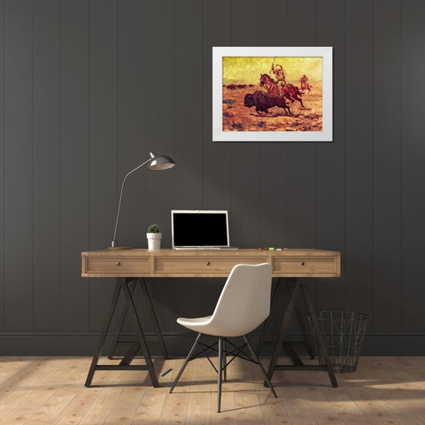 Doomed - Indian Hunting Buffalo White Modern Wood Framed Art Print by Shreyvogel, Charles