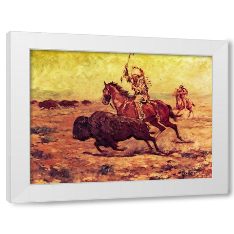 Doomed - Indian Hunting Buffalo White Modern Wood Framed Art Print by Shreyvogel, Charles