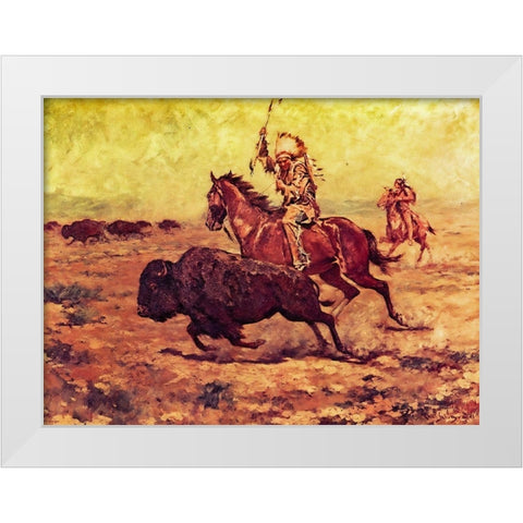 Doomed - Indian Hunting Buffalo White Modern Wood Framed Art Print by Shreyvogel, Charles