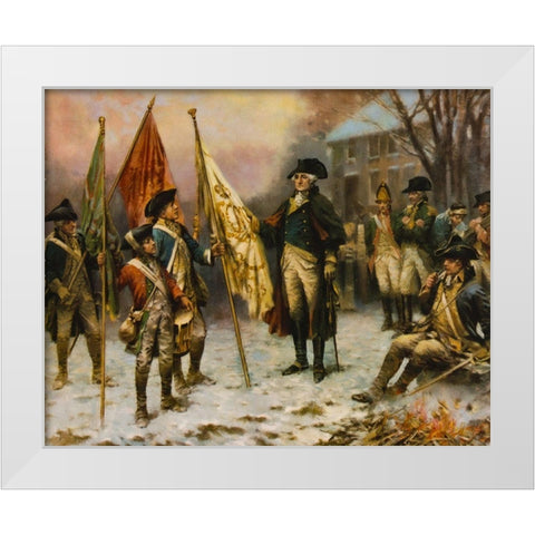 Washington inspecting the captured colors after the battle of Trenton White Modern Wood Framed Art Print by Moran, Percy