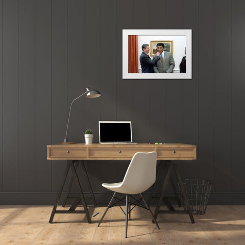 President Ronald Reagan Punching Muhammad Ali in The Oval Office White Modern Wood Framed Art Print by U.S. Archives