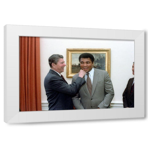 President Ronald Reagan Punching Muhammad Ali in The Oval Office White Modern Wood Framed Art Print by U.S. Archives