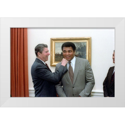 President Ronald Reagan Punching Muhammad Ali in The Oval Office White Modern Wood Framed Art Print by U.S. Archives